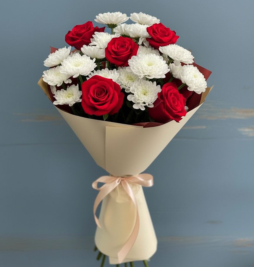 Букет цветов из: Розы и Хризантемы в Поселок Кузяевского фарфорового завода