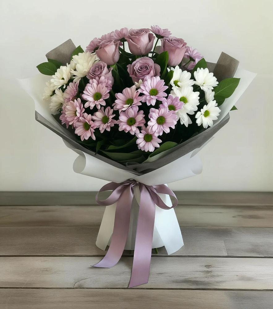 Букет цветов из: Хризантемы и Розы в Поселок Кузяевского фарфорового завода