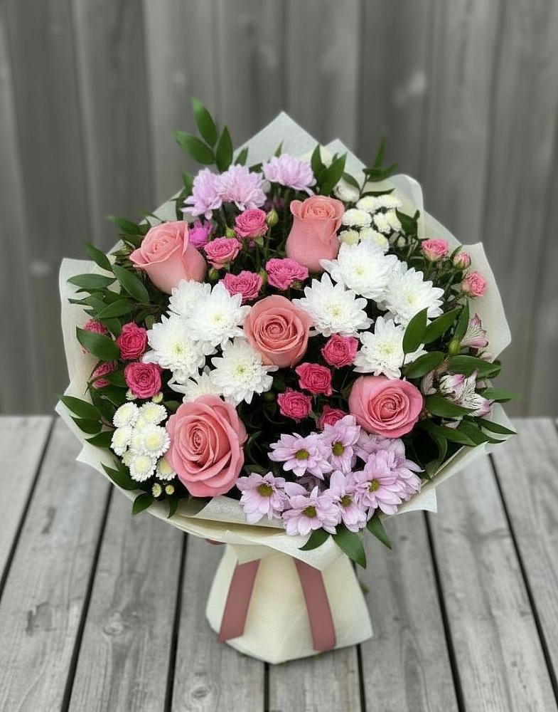 Букет цветов из: Альстромерии, Гвоздики, Розы и Хризантемы в Поселок Кузяевского фарфорового завода