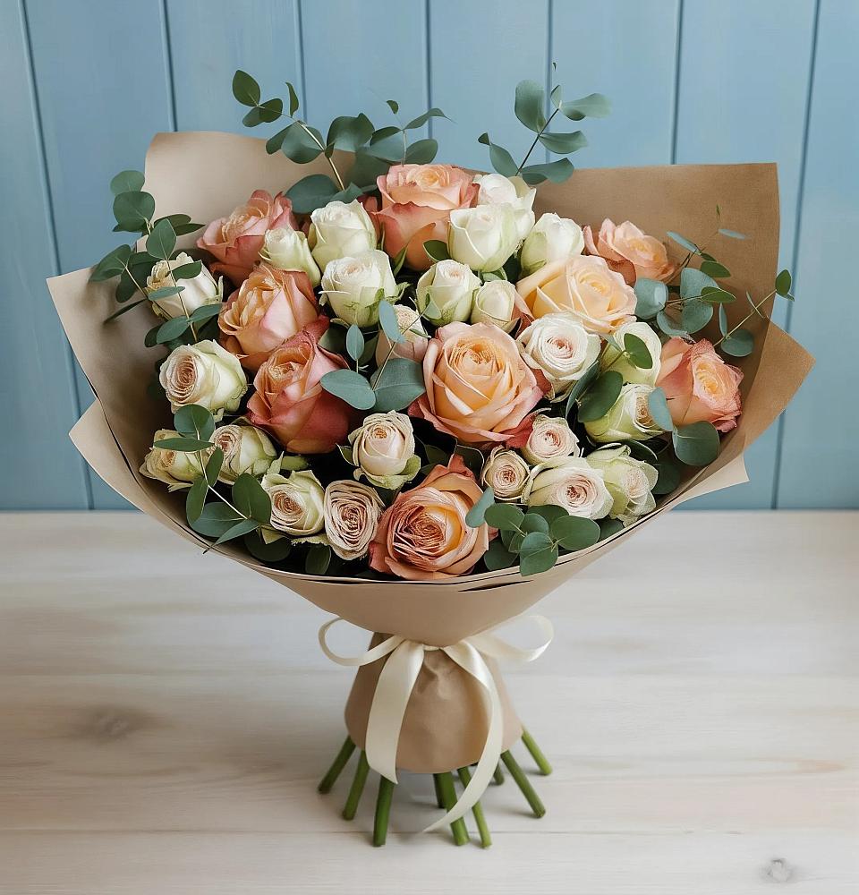 Букет цветов из: Альстромерии и Розы в Поселок Кузяевского фарфорового завода