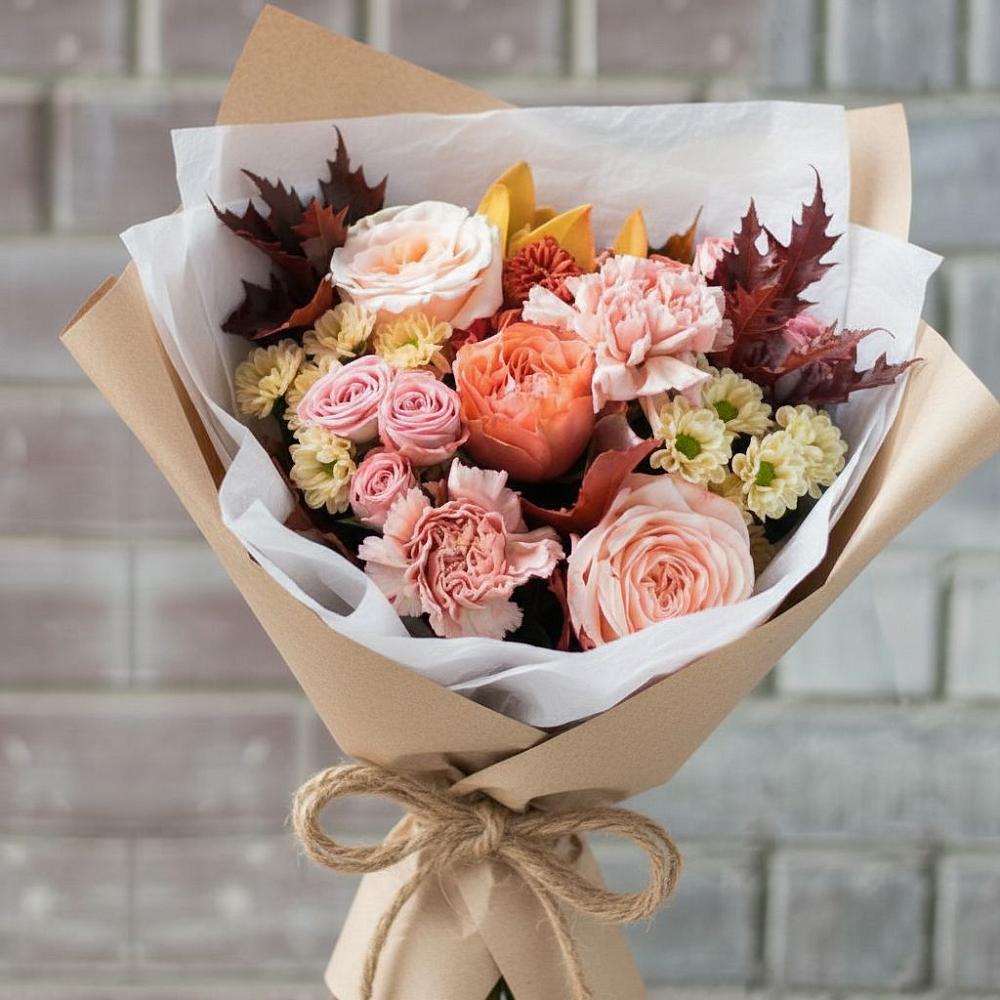 Букет цветов из: Гвоздики, Хризантемы и Розы в Поселок Кузяевского фарфорового завода