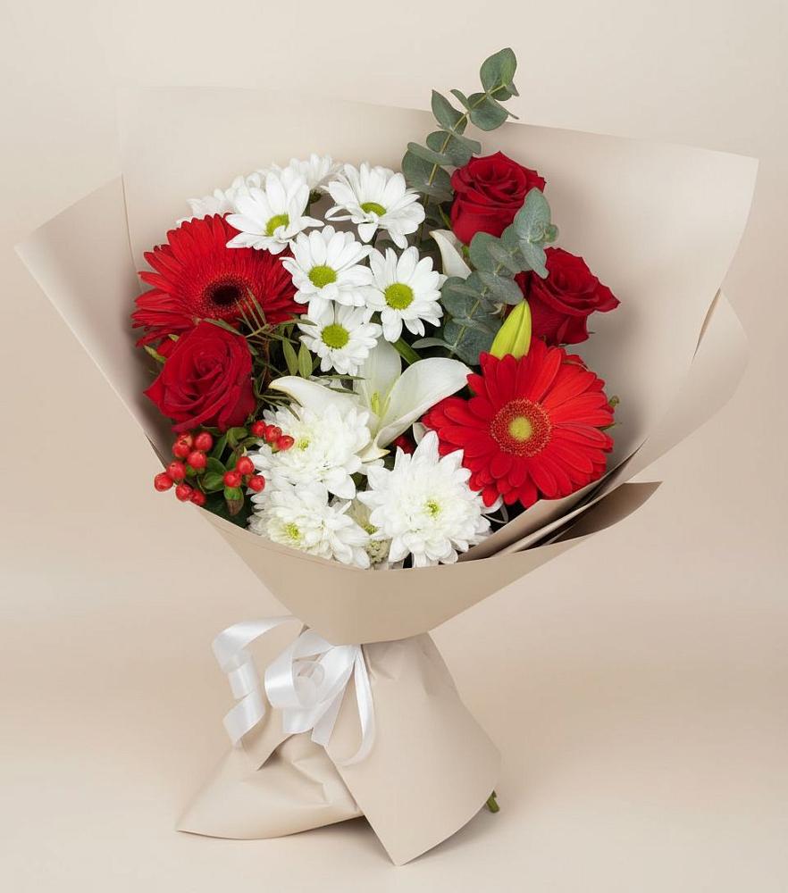 Букет цветов из: Розы, Хризантемы, Герберы и Лилии в Поселок Кузяевского фарфорового завода