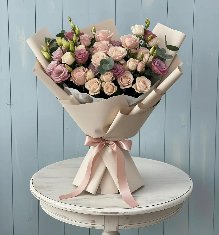 Букет цветов из: Розы и Лизиантусы в Поселок Кузяевского фарфорового завода