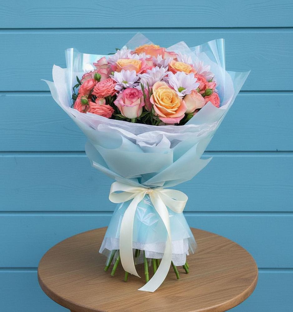 Букет цветов из: Хризантемы и Розы в Поселок Кузяевского фарфорового завода