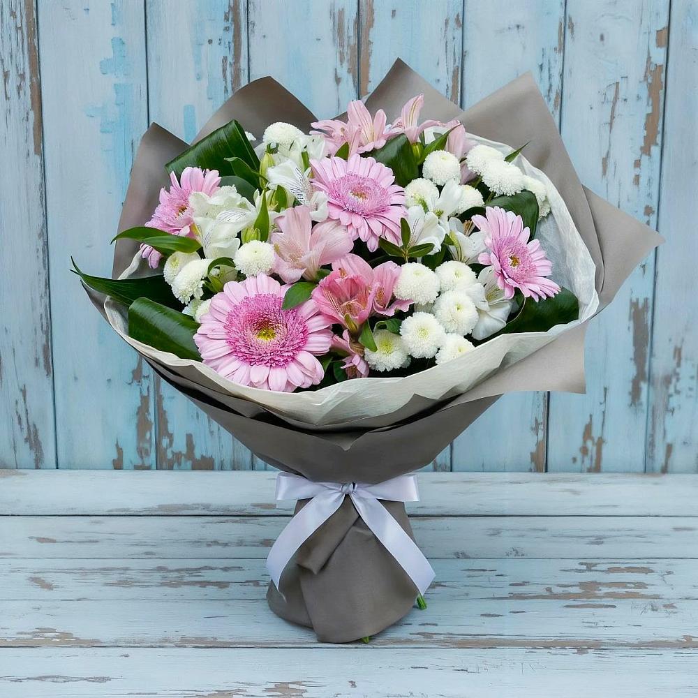 Букет цветов из: Герберы, Альстромерии и Хризантемы в Поселок Кузяевского фарфорового завода
