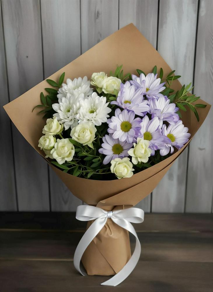 Букет цветов из: Хризантемы и Розы в Поселок Кузяевского фарфорового завода