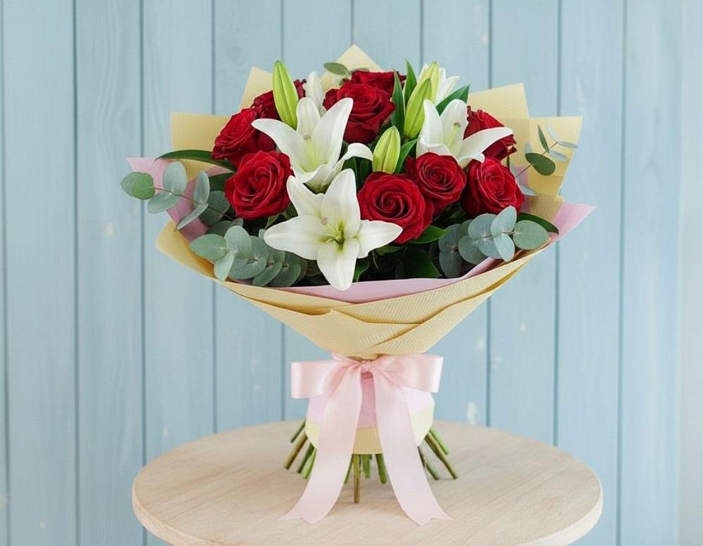 Букет цветов из: Лилии и Розы в Поселок Кузяевского фарфорового завода