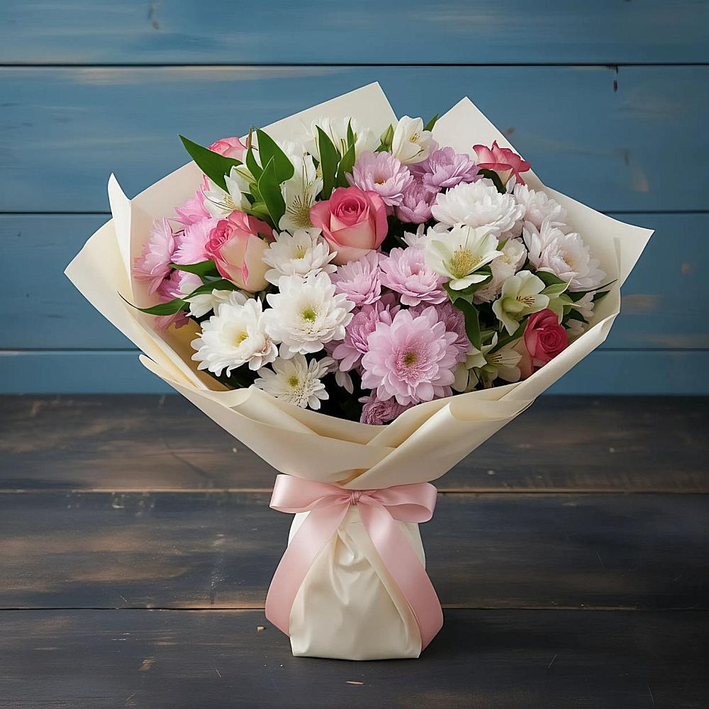 Букет цветов из: Хризантемы, Альстромерии и Розы в Поселок Кузяевского фарфорового завода